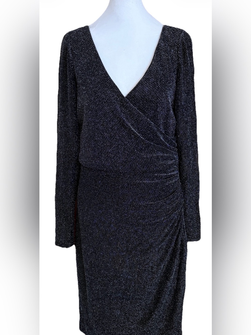 RALPH LAUREN Black + Silver Shimmery Slinky Dress W/Side Ruching Size 10